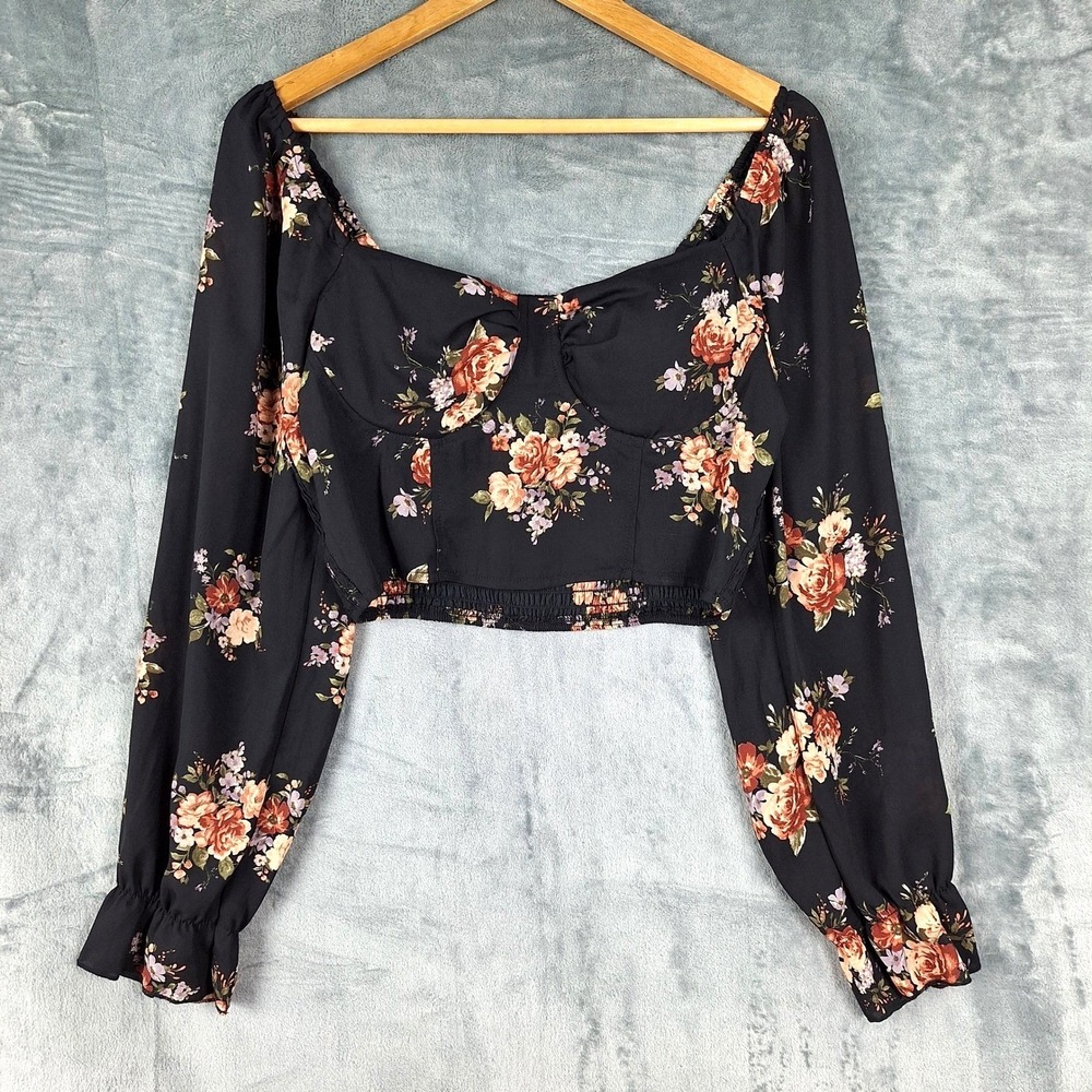 Womens Top Large Black Corset Fairy Floral Babydoll Crop Milkmaid Whimsigoth‎